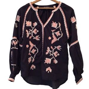 RD & Kokio Navy Blue Boho Pullover Cotton Tunic Top, Embroidered, Size XS, Nice!